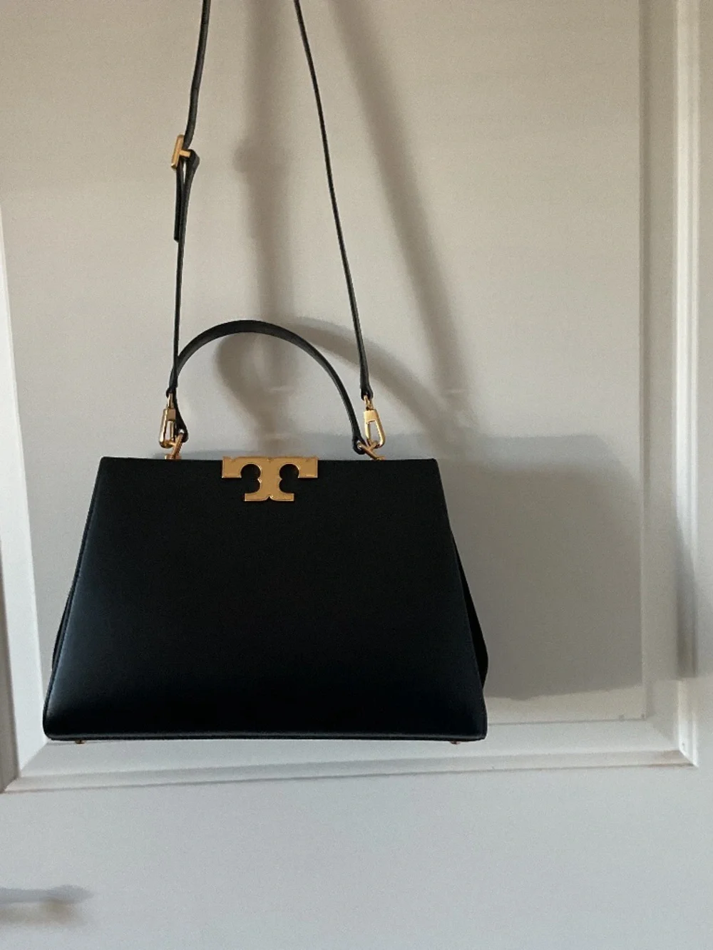 Tory Burch Black Leather Top-Handle Satchel with Gold Hardware